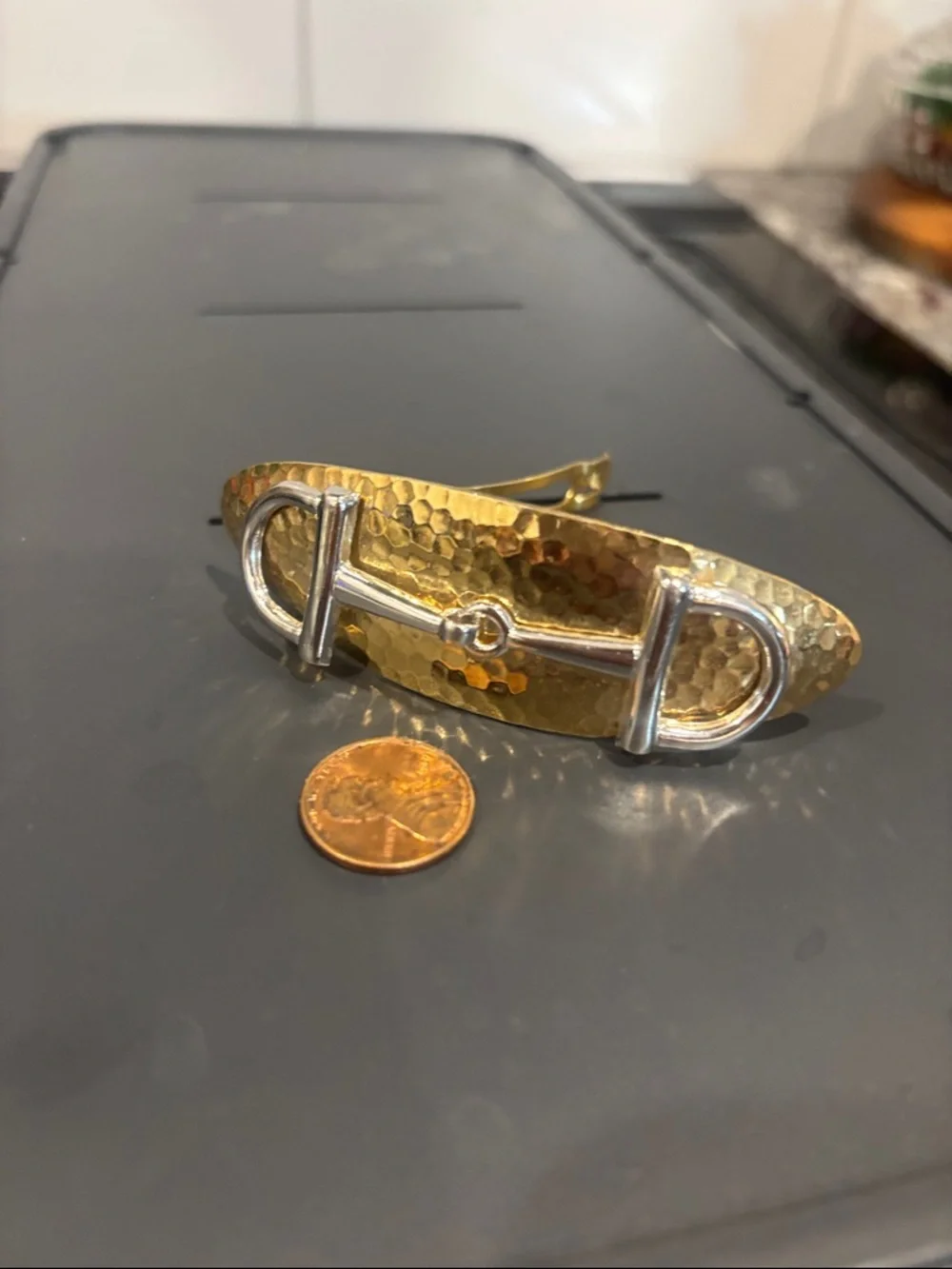 Made in France Gold-Tone Hammered Metal Hair Barrette with Silver Accent